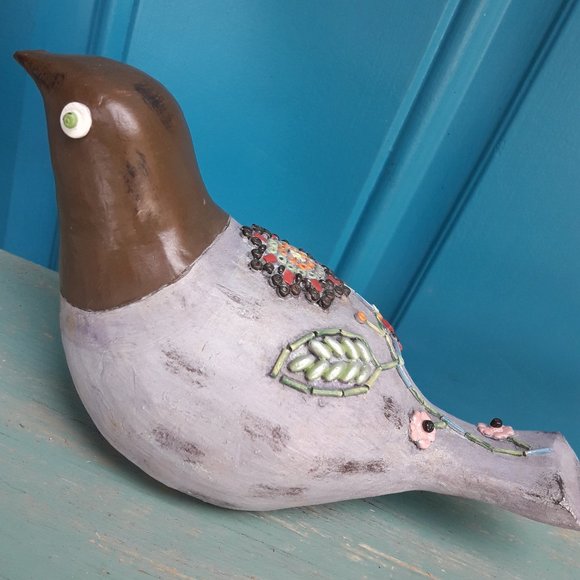 Carved Wood Bird Boho Hippie Decor Wooden Bird Figurine Embellished Beaded Art - Picture 5 of 16